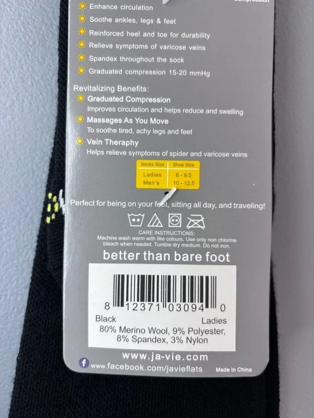 Ja-Vie ladies 6-9.5 black merino compression socks calf high wool blend NWT